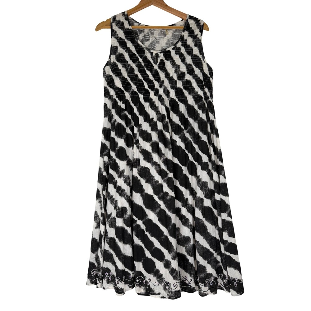 Soft Surroundings Midi Dress Womens S Black White Stripe Smocked Embroidered Hem